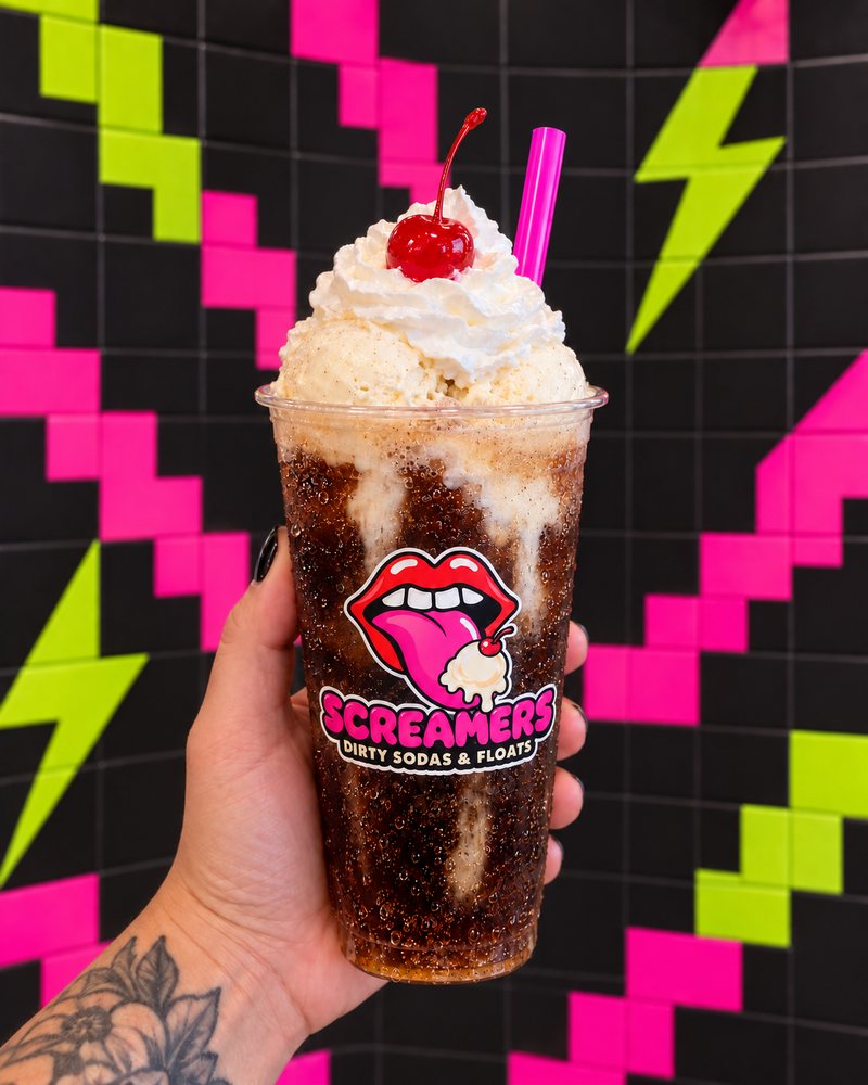 The Classic Scream: a root beer float with vanilla bean ice cream, whipped cream and a cherry in a Screamers cup