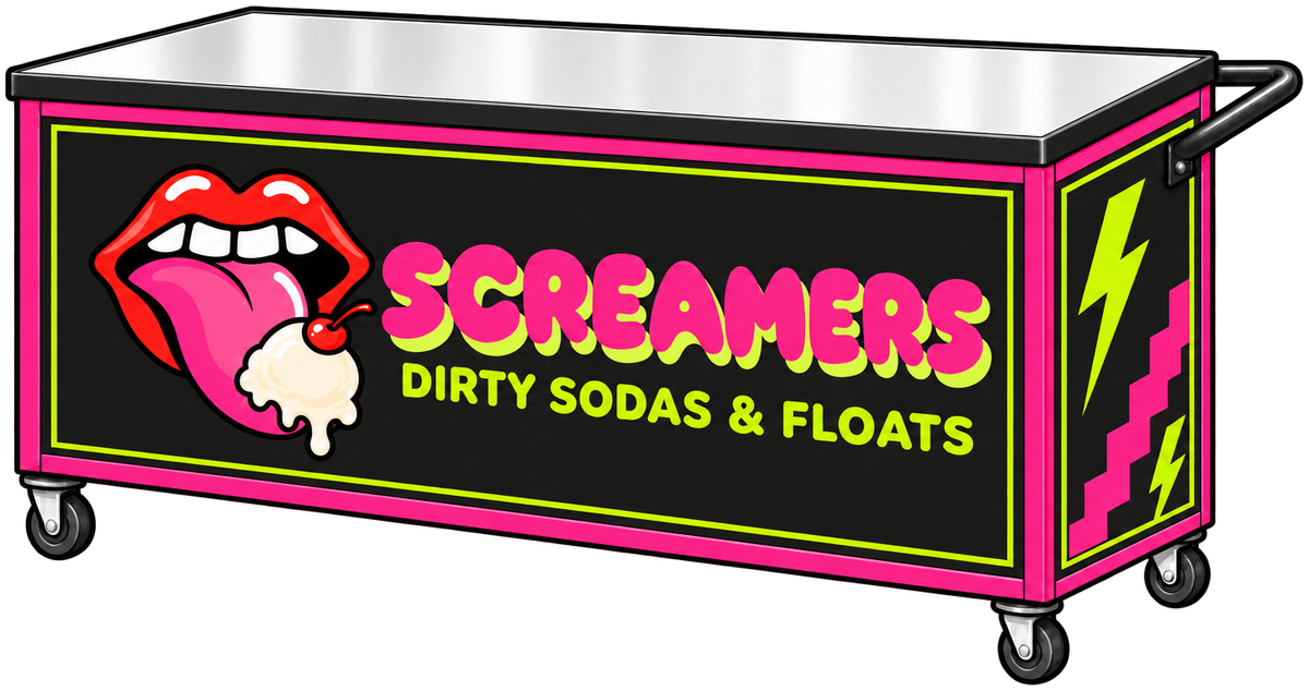 The Screamers catering cart: a black rolling bar with a stainless top, hot pink and lime trim, the lips-and-ice-cream logo and lightning bolts
