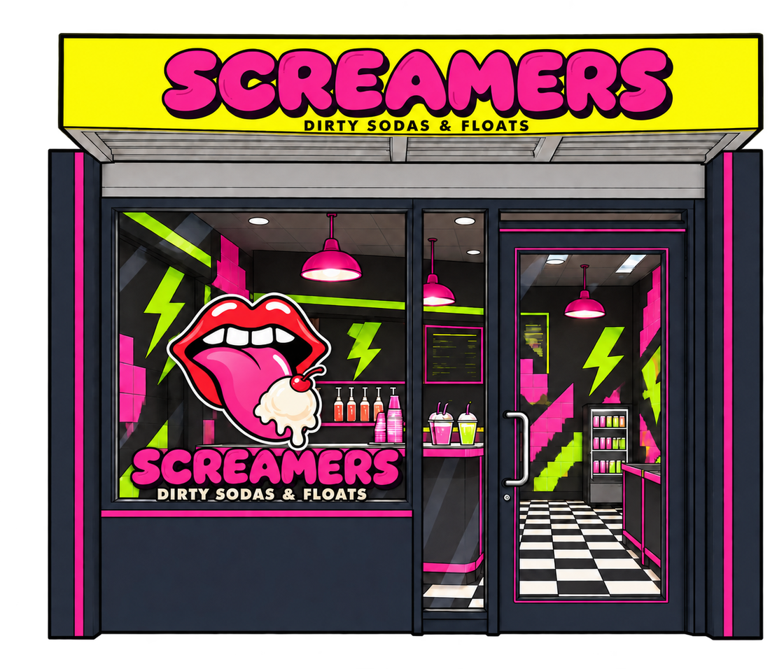 Illustration of the Screamers storefront: a yellow Screamers sign, neon pink and black front, and the lips-and-ice-cream logo in the window